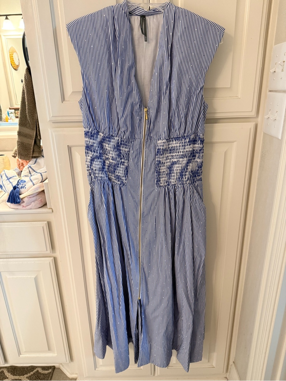 Tommie Cap-Sleeved Smocked Front-Zip Shirt Dress